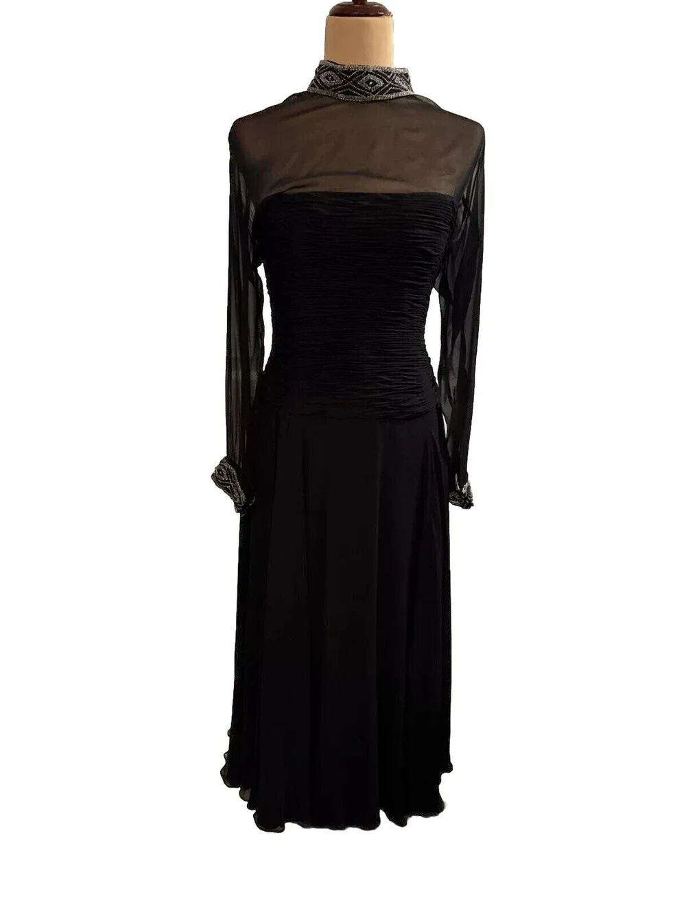 Niteline Size 14 Della Roufogali Formal Evening Black Chiffon Silk Beaded Dress